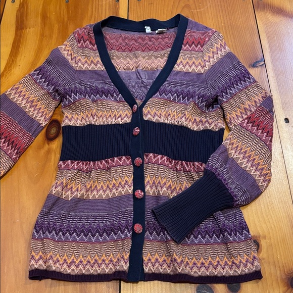 Anthropologie Sweaters - MOTH S Purple Puff Sleeve Fabric Button Up V-Neck Cardigan Sweater Zig Zag